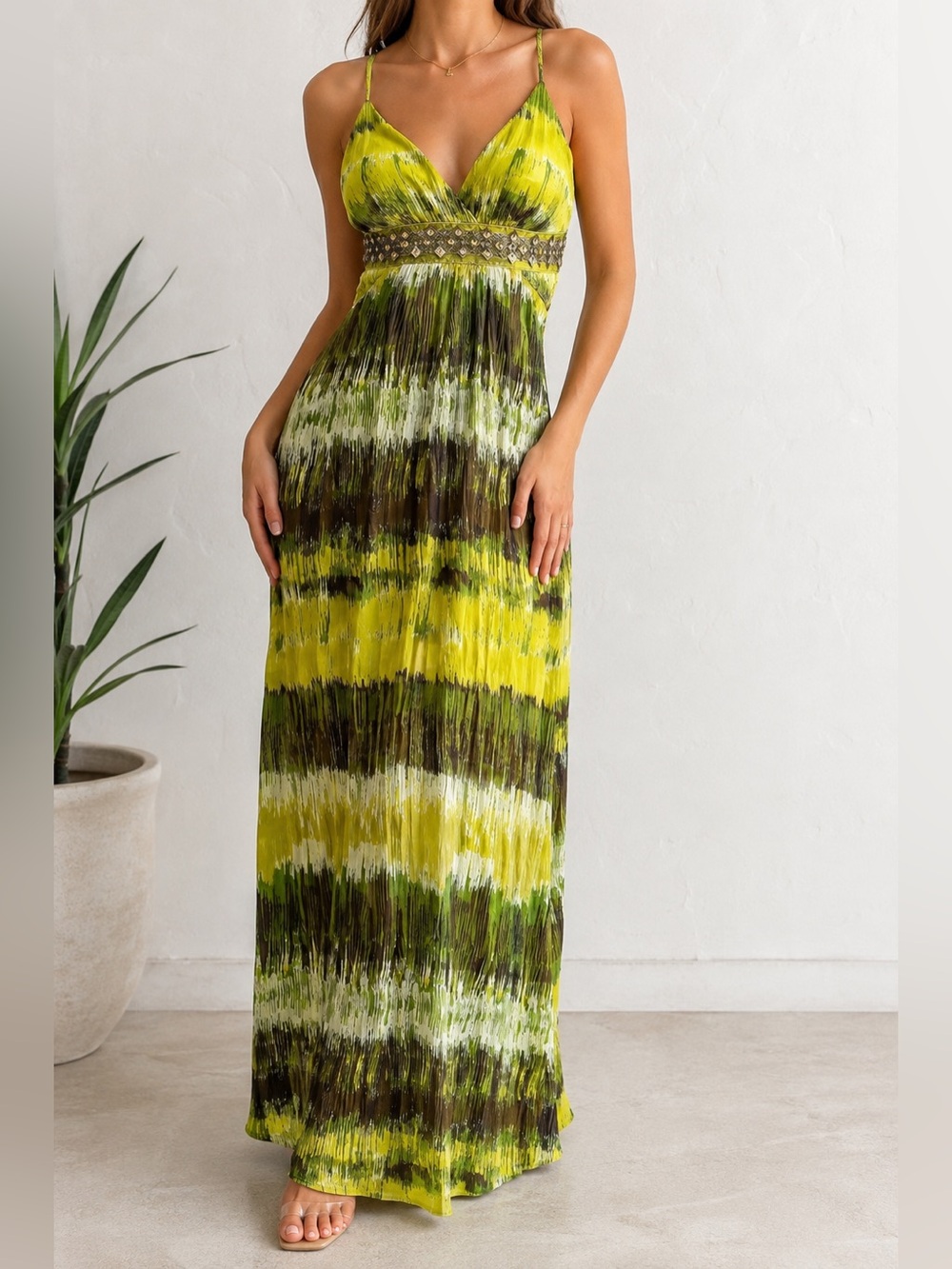 Y2K Green Abstract Beaded APT 9 Maxi Dress Size 4 Adjustable Straps